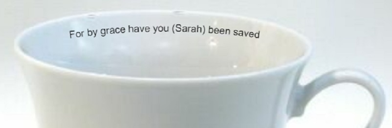 printed bible verses closeup in side cups and saucers. Printed cups and saucers
