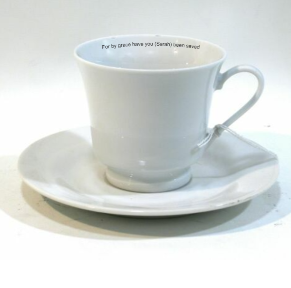 Custom printed cups and saucers with bible verses in cup to read