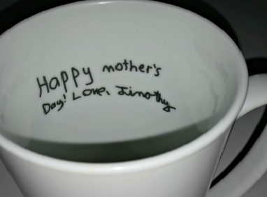 Custom printed hand writing from a young son to his mother for a one of a kind printed and useable custom mug