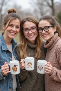 3 mothers holding custom printed mugs from their childs art class custom school children's artwork printed for mother