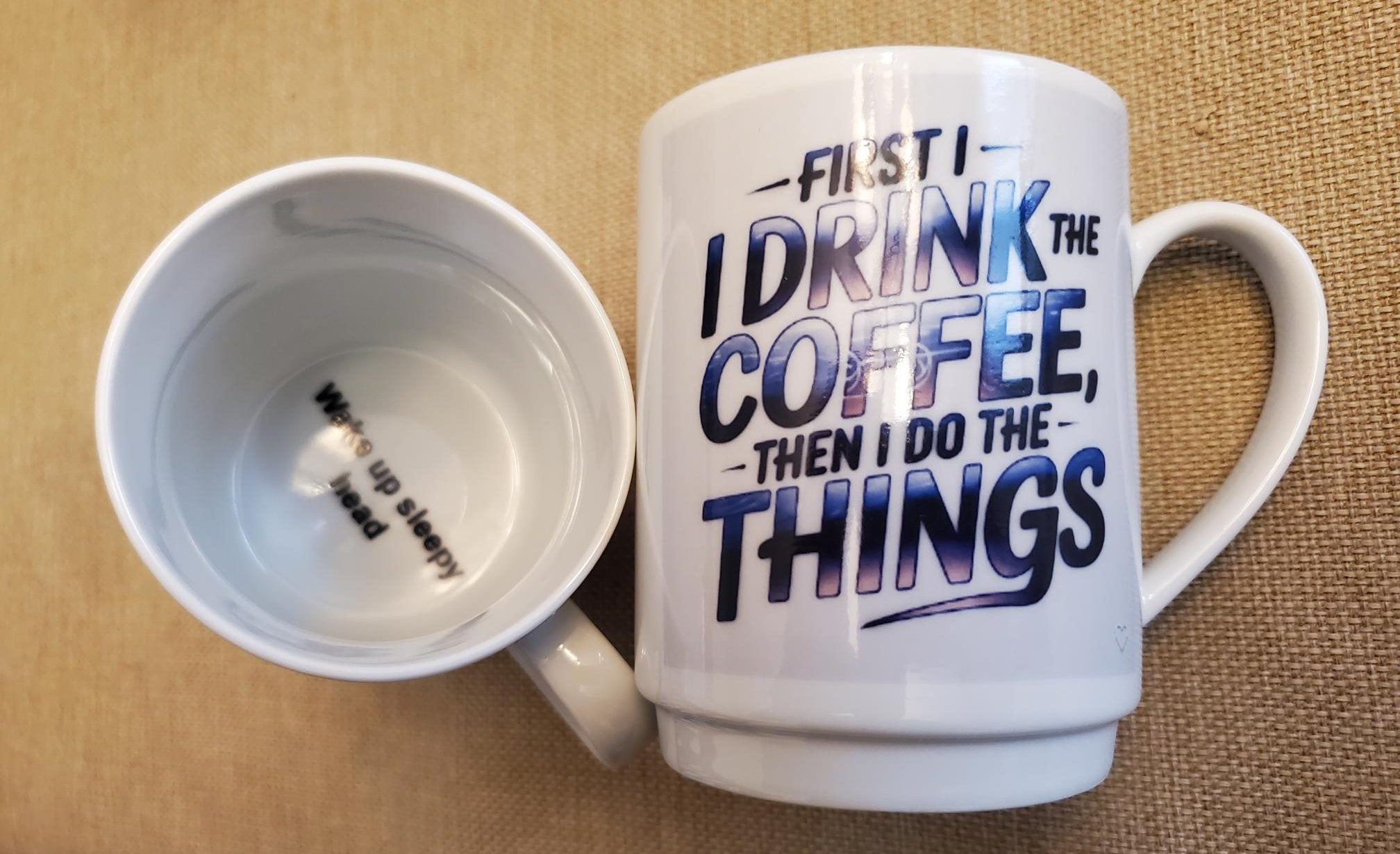 Custom printed mug with outside quote and inside bottom message, kiln-fired porcelain mug