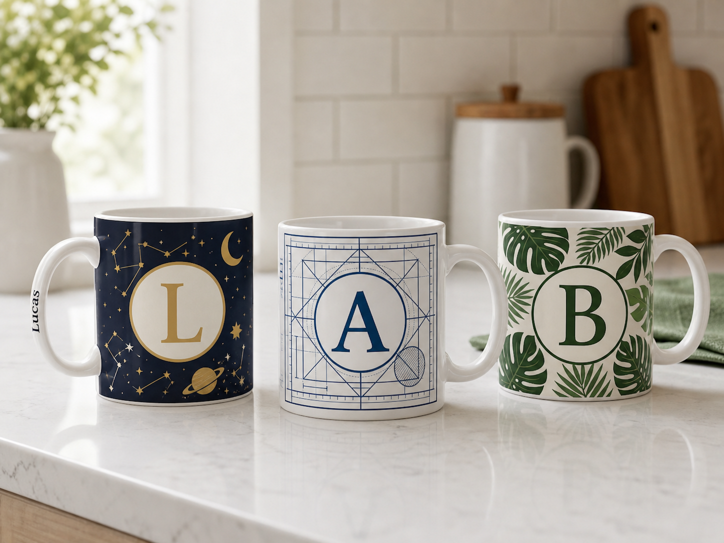 Personalized porcelain mugs with custom letters and name on handle
