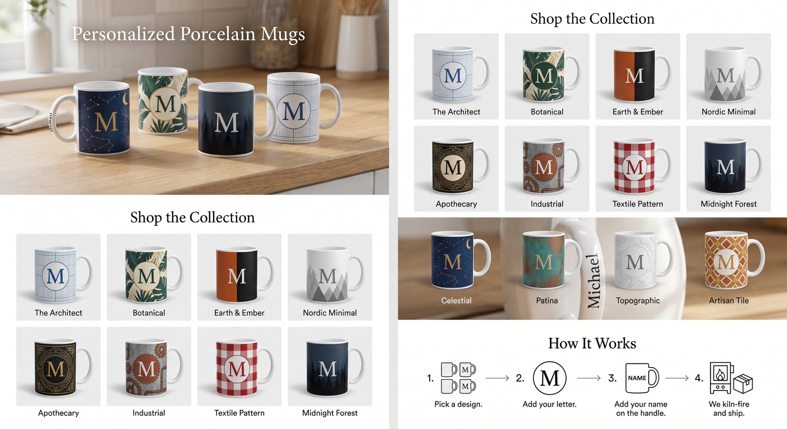 Personalized porcelain mugs with letter designs, name on handle, and 12 premium mug styles