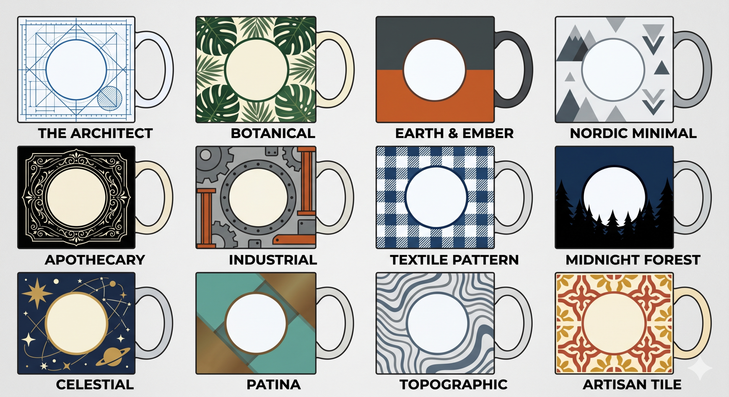 Twelve personalized porcelain mug styles with center letter space and name-on-handle customization